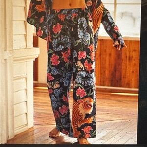 Anthropologie Blue Floral Tiger Print Pajama Pants